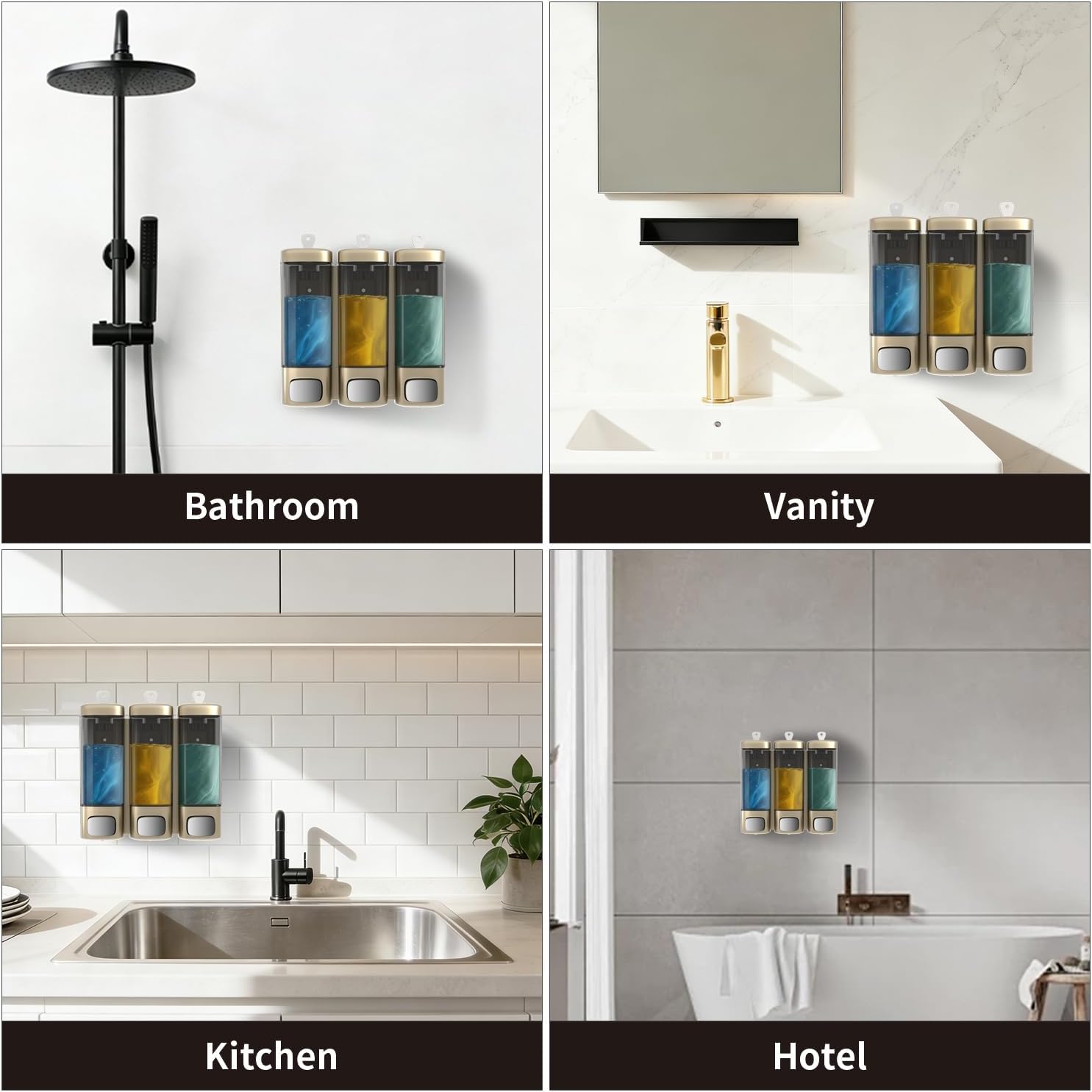 Shampoo and Conditioner Dispenser Wall Mounted, Shower Dispenser 3 Chamber No Drill, Shower Soap Dispenser with 3 * 320ML Capacity for Bathroom, Hotel, Home, Kitchen (Champagne Gold)