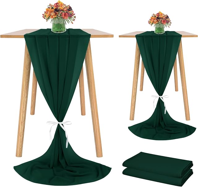 Showgeous 2 Pcs Chiffon Table Runner 28x120 Inches Romantic Wedding Runner 10ft Dark Green Chiffon Table Cover Dressing Table Runner for Wedding Birthday Party Bridal Baby Shower Decorations