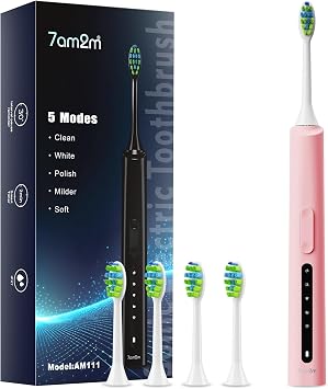 7AM2M Sonic Electric Toothbrush, High Power Rechargeable Toothbrushes, 5 Modes with 2 Minutes Built in Smart Timer, with 4 Brush Heads for Adults and Kids, One Charge for 60 Days Pink