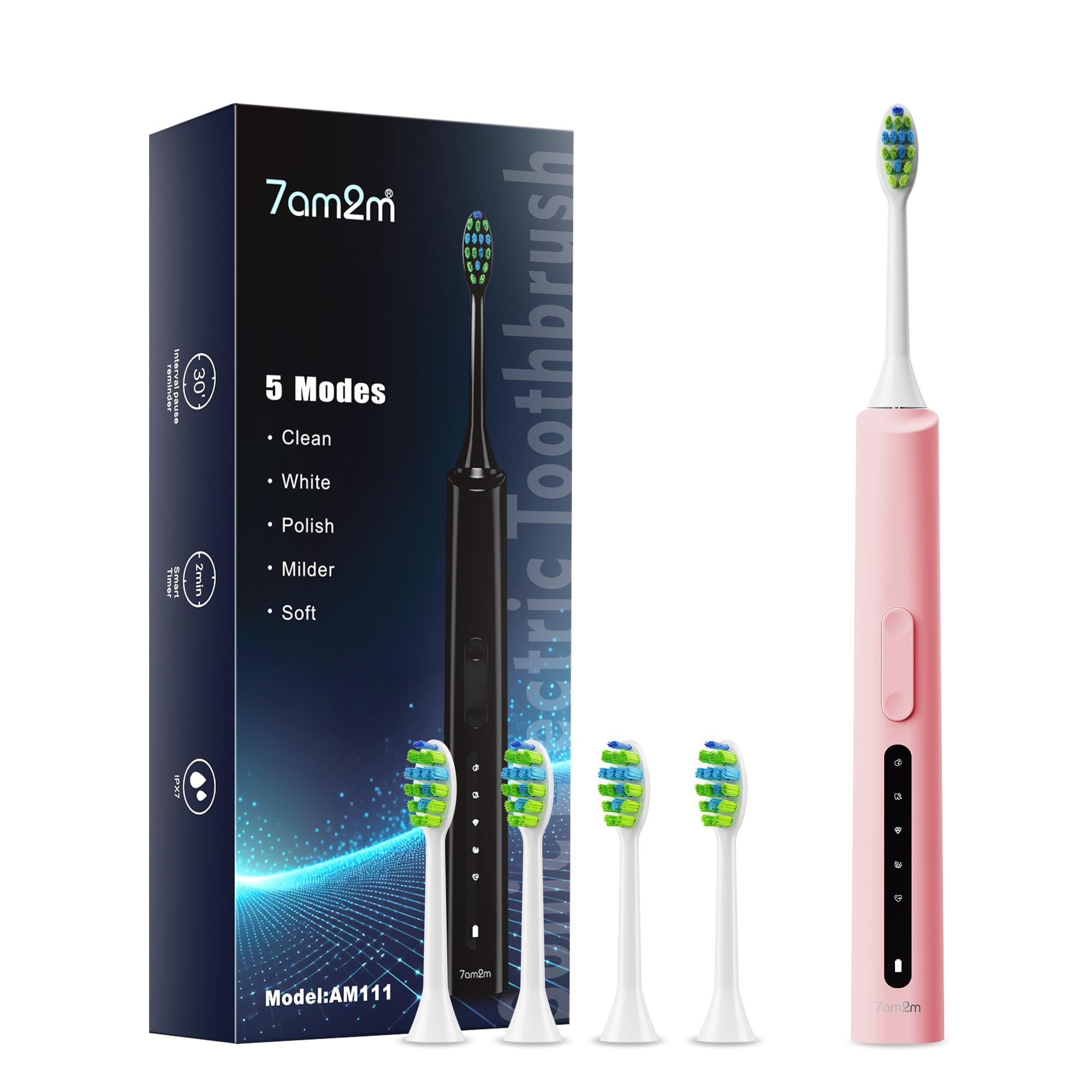 7AM2M Sonic Electric Toothbrush, High Power Rechargeable Toothbrushes, 5 Modes with 2 Minutes Built in Smart Timer, with 4 Brush Heads for Adults and Kids, One Charge for 60 Days (Pink)