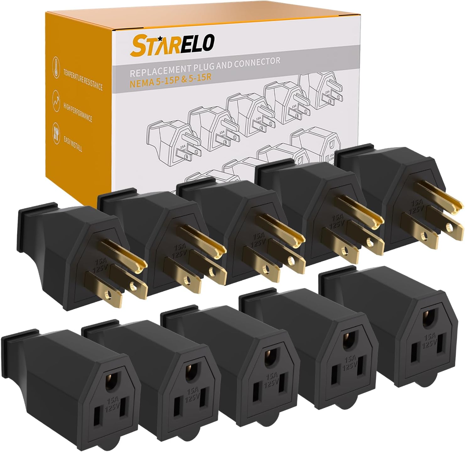 STARELO Extension Cord Ends 125V 15A 2Pole 3Wire Male Plug and Female Connector Straight Blade Plug Replacement Electrical Extension Cord End(Male & Female 5 Set)