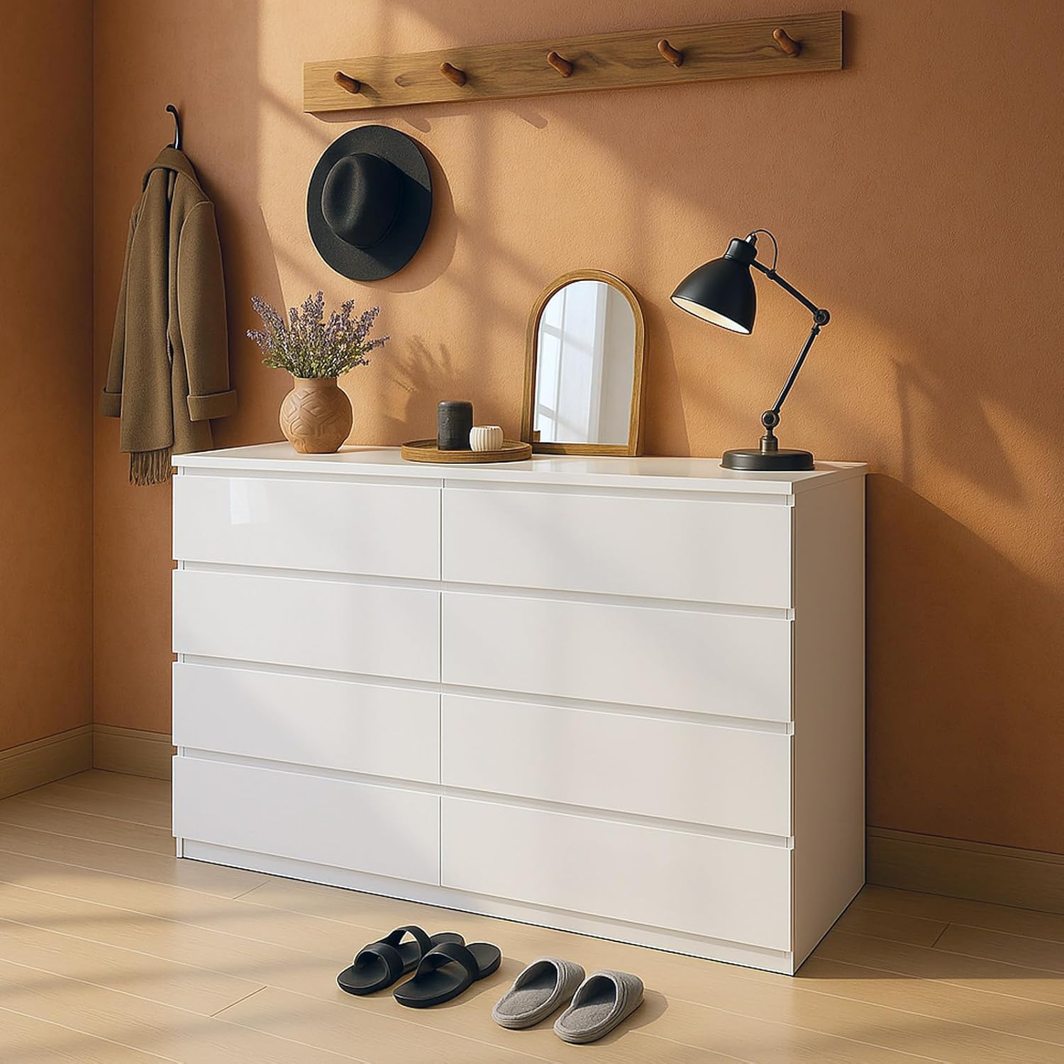 Dresser for Bedroom with 8 Wide Drawer, White Wood Dresser, Modern Chest of Drawers for Clothes Storage, Multi-Functional Storage Organizer for Bedroom, Living Room & Entryway(55" W x15.4 Dx32.3 H)