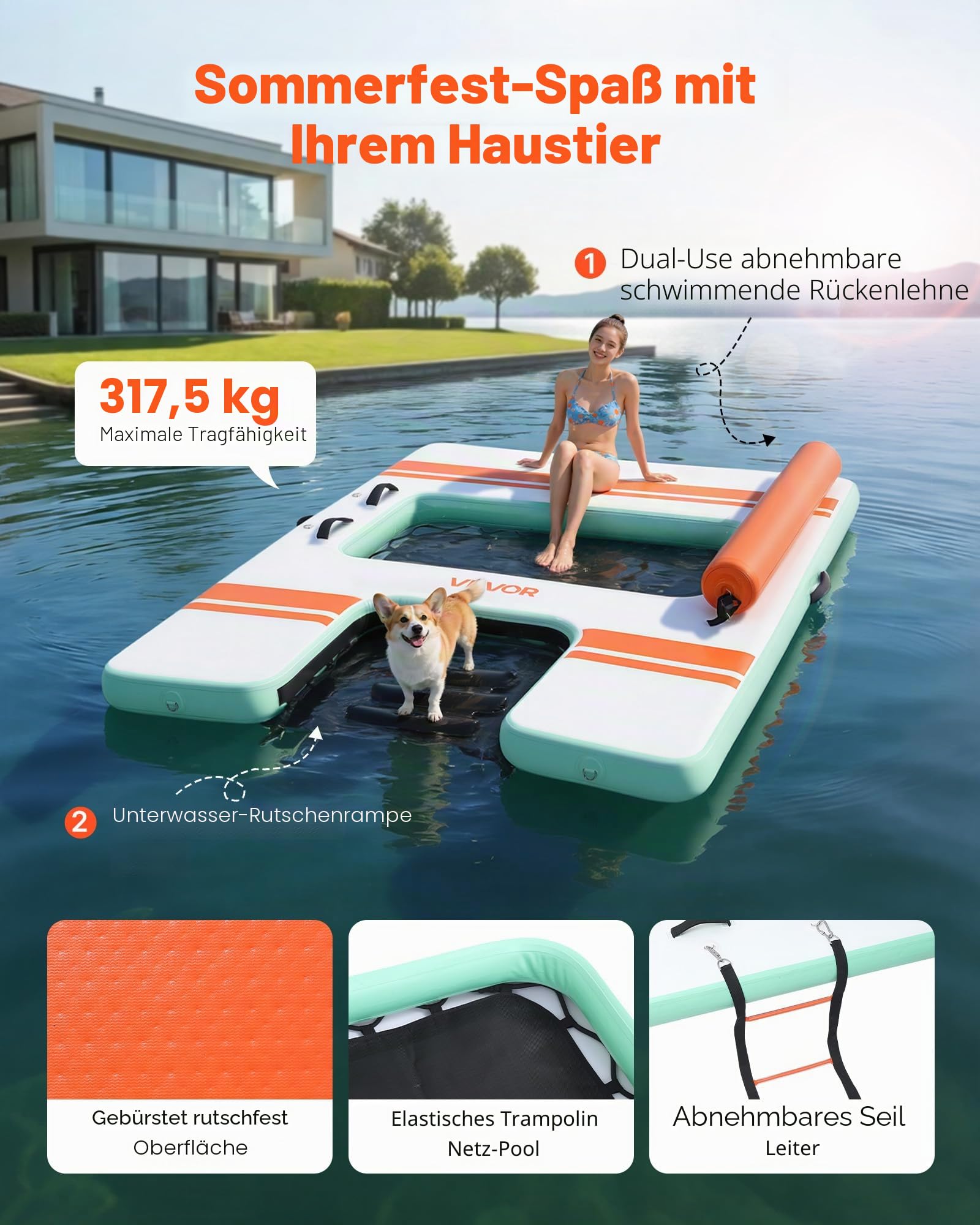 VEVOR Aufblasbares Schwimmdock, 2,44 x 1,83 m, Schwimmplattform mit Rutschfester Oberfläche, Tragetasche & Abnehmbarer Leiter, Schwimmende Insel, Wasserplattform für Pool, Strand & Meer