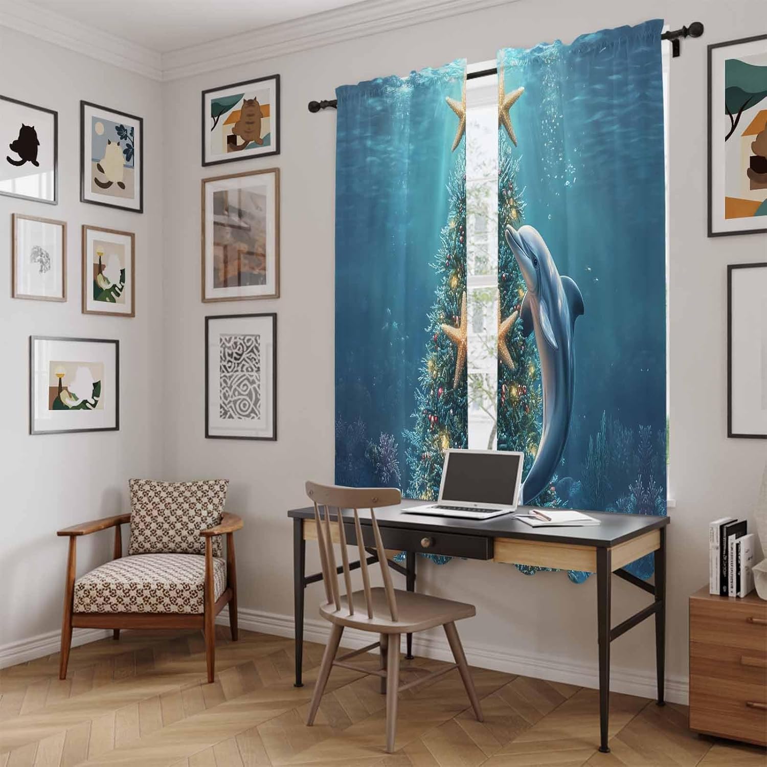 Christmas Window Curtains 72 Inch Long 2 Panel Set,Rod Pocket Long Curtains & Drapes,Winter Ocean Pine Tree Starfish Coral Dolphin Light Filtering Window Treatment for Bedroom Living Room 52"W x 72"L