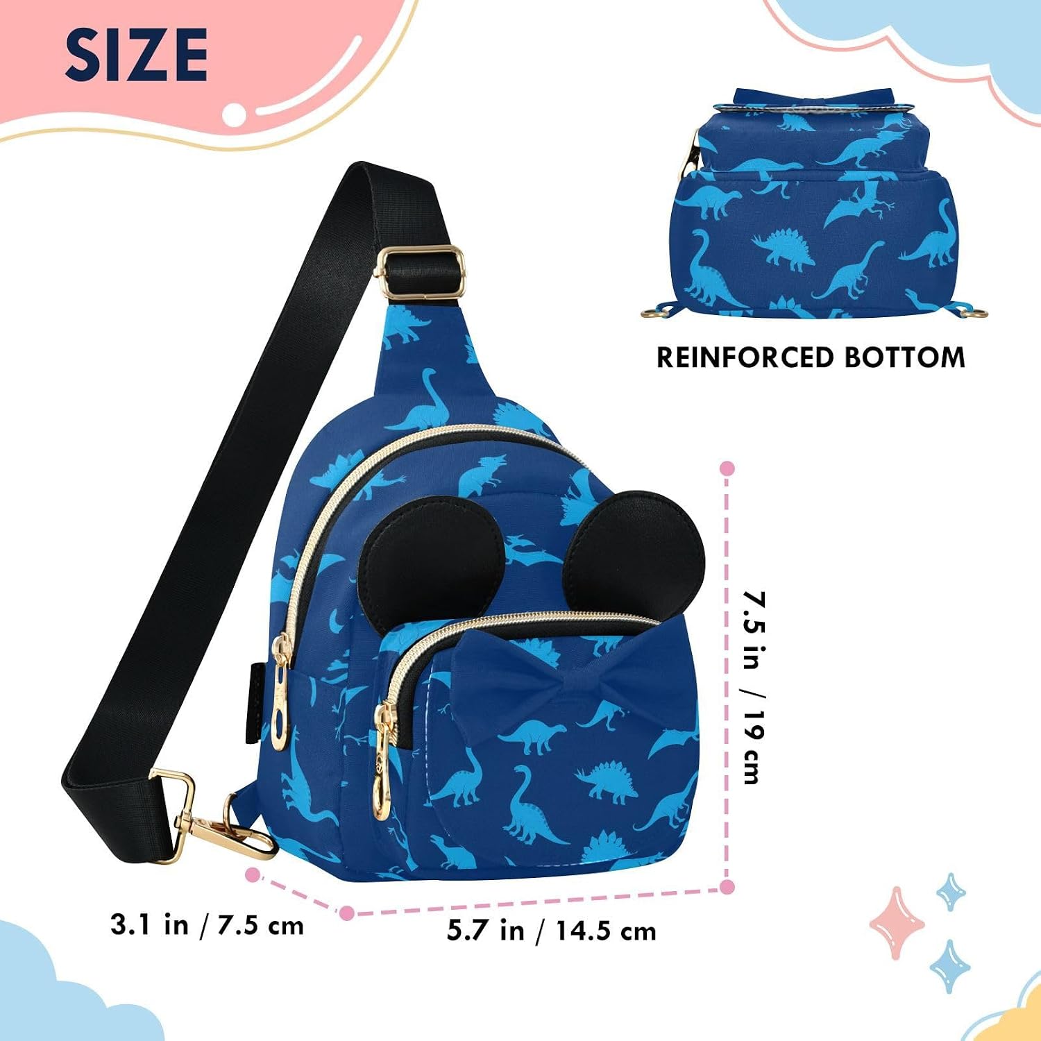 Sinestour Dinosaurs Kids Sling Bag for Girls, 7.5x3.1x5.7 Inches | Crossbody Fanny Pack, Toddler Purse, Cute Sling Belt Bag with Ears, 2L Small Shoulder Chest Bag for Travel