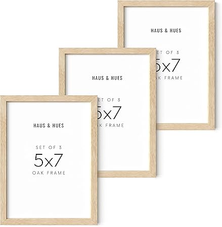 HAUS AND HUES Beige Oak Wood 5x7 Picture Frame - Modern Wood Wall Art Display - Lightweight 5x7 Frame for Art Prints, Photos, Posters - Ready-to-Hang Vertically & Horizontally (Set of 3)