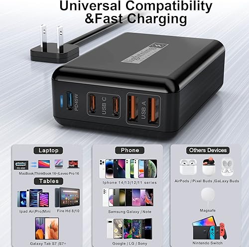 Miniatura 9 de Cargador USB C de 100 W, concentrador de carga USB de torre de 5 puertos, cargador rápido para iPhone, iPad, MacBook, carga súper rápida para