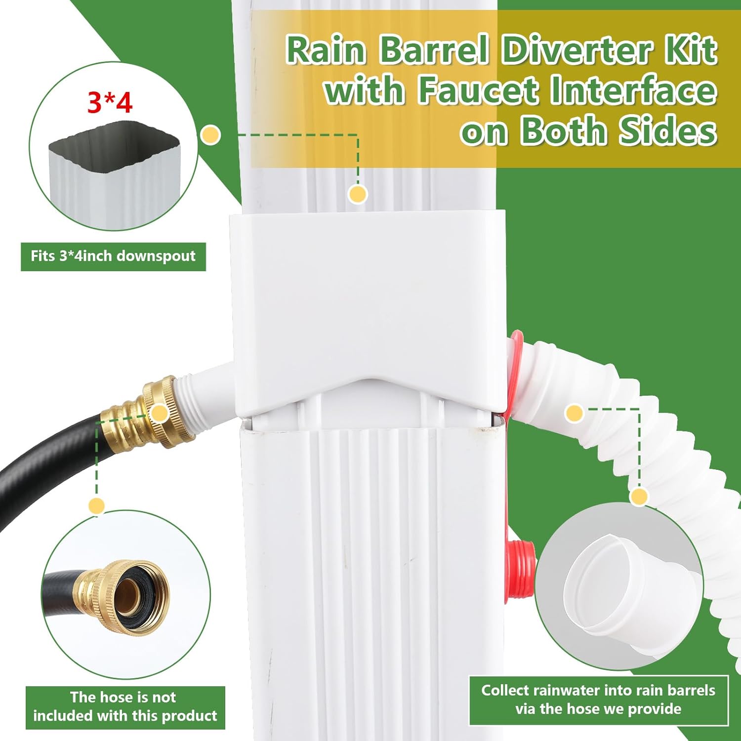 Downspout Diverter, Pathneer Rain Barrel Diverter Kit Fits for 3"x4" Downspout, Rainwater Collection System with Dual Outlet Design and 5ft Extension Tube, Diverts Water into Rain Barrel