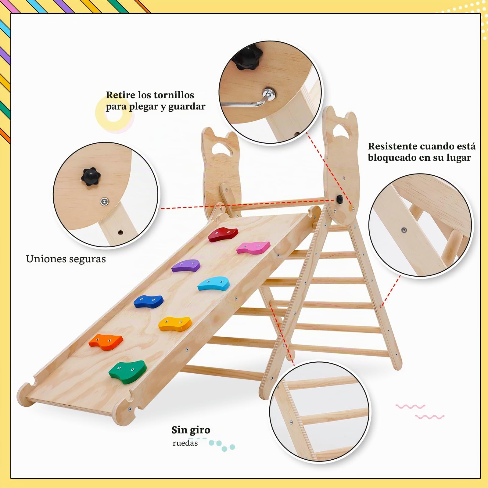NUKied 3 en 1 Triángulo de Escalada con Rampa Ajustable para Escalar y Deslizarse,Escalador Triangular de Madera,Plegable Juguetes Triangulares de Escalada para Niños Pequeños a Partir de 3 años
