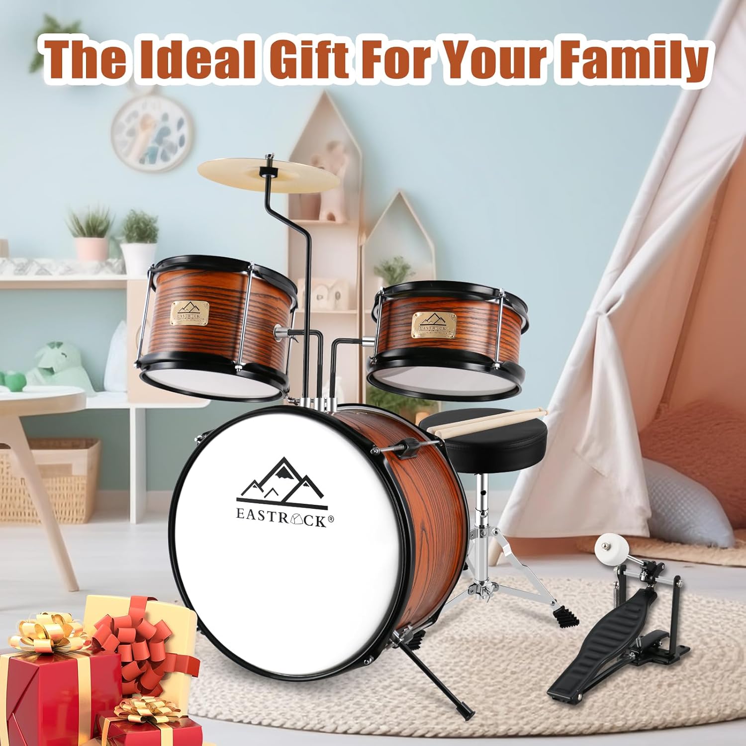 EASTROCK Junior Drum Set, 3 Piece 14'' Junior Drum sets for Drummer,Beginner, Drum Set for 5-7 Years Old with Adjustable Throne,Cymbal,Pedal,Drumsticks(Wood)