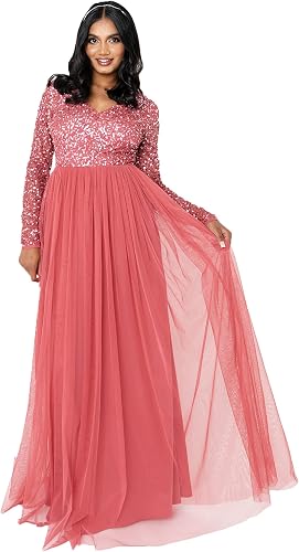 Maya Deluxe Womens Ladies Dress Long Sleeve for Wedding Guest V Neck High Empire