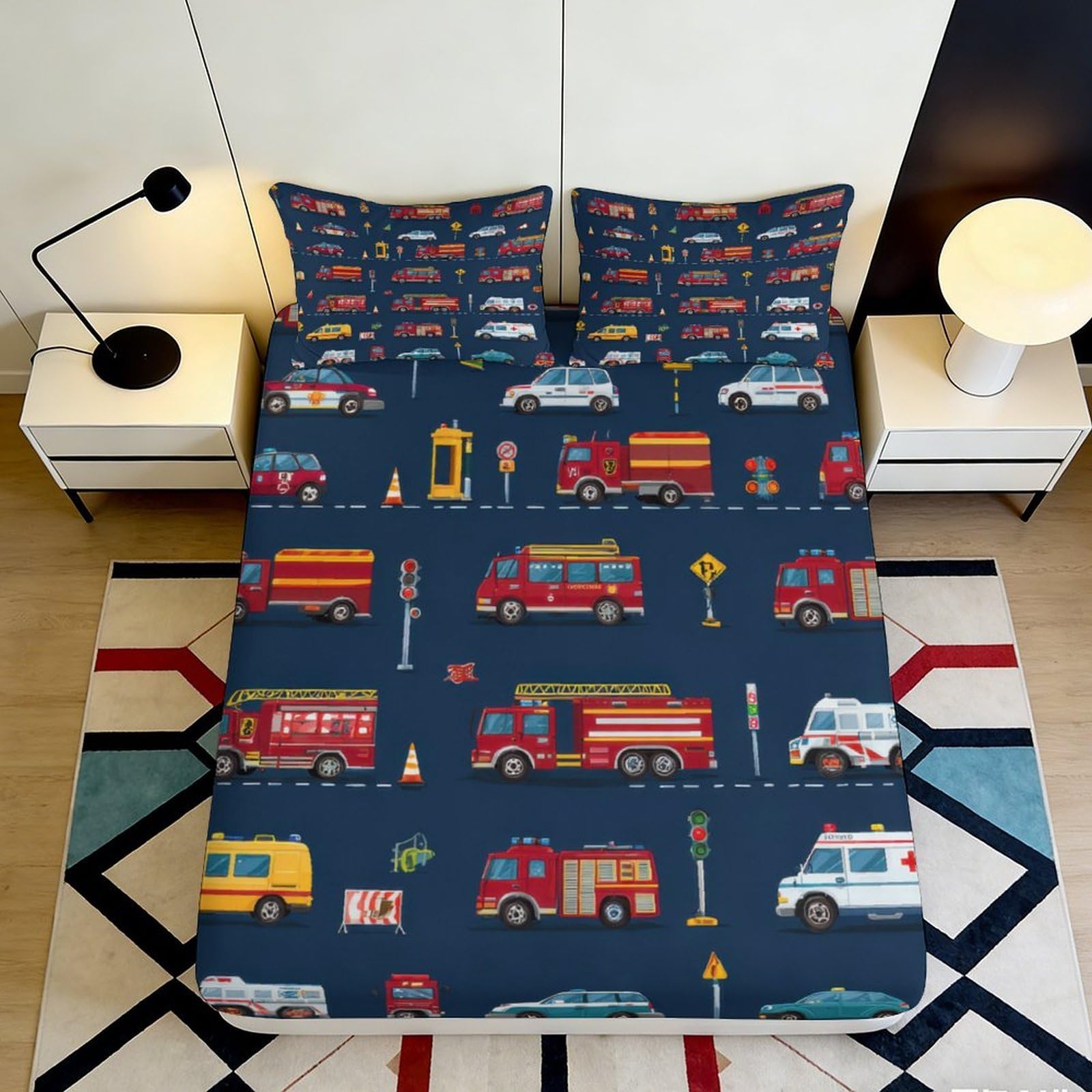 Pnayamiorkfel Style-9 3D Printed Fire Truck Fitted Sheet Microfiber Navy Blue Cartoon Vehicle Bed Cover For Bedroom Dorm Easy Care 90X200x25cm