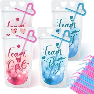 36 Pcs Gender Reveal Drink Pouch Cups with Straws Plastic Stand up Drink Pouch Bags Hand Held Translucent Reclosable Zipper Juice Pouches Team Boy Team Girl Gender Reveal Party, Pink and Blue, 17 oz