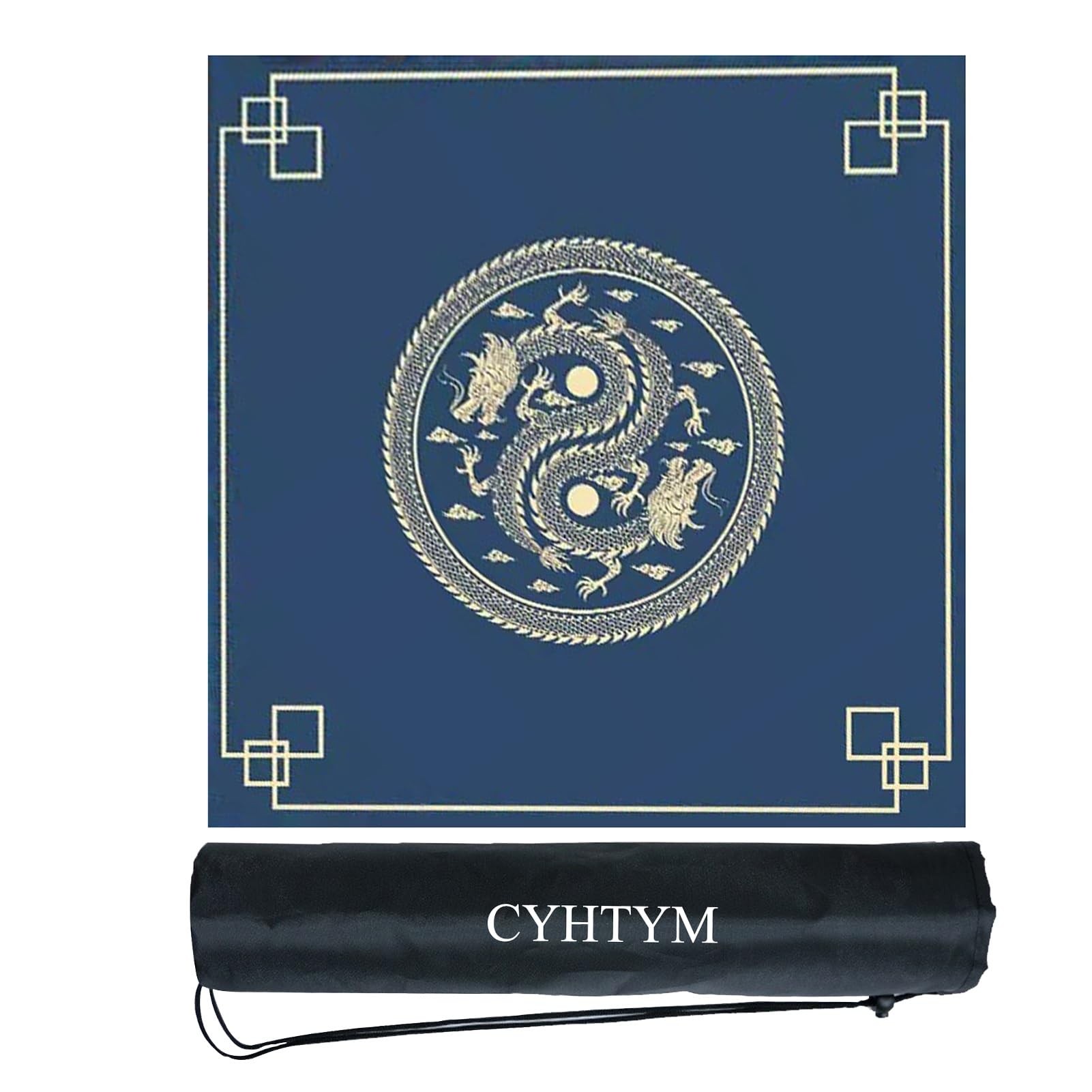 The Blue Chinese Loong Pattern Mahjong Pad, with Anti Slip Bottom And Storage Bag, Suitable For Poker, Chessboard, and Tabletop Games(Blue3,90CM/35.4")