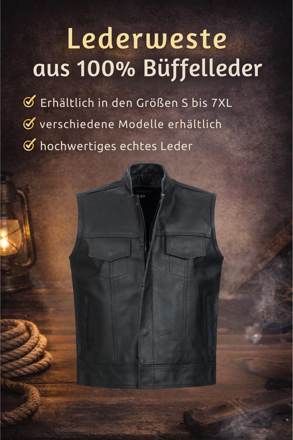 PAULGOS Lederweste Weste Kutte Leder Biker Rocker Motorrad Clubweste Bikerweste Motorradweste Schwarz BW4