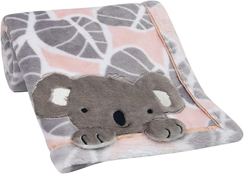 Lambs & Ivy Calypso RosaGris Koala Leaf Print Luxury Coral Fleece Baby Blanket