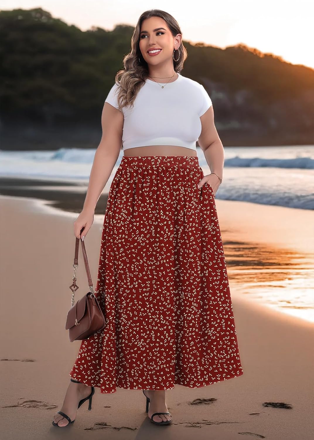 Lastshe Plus Size Maxi Skirt for Women Casual Elastic High Waist Boho Flowy A-line Spring Long Skirts with Pockets - Image 3