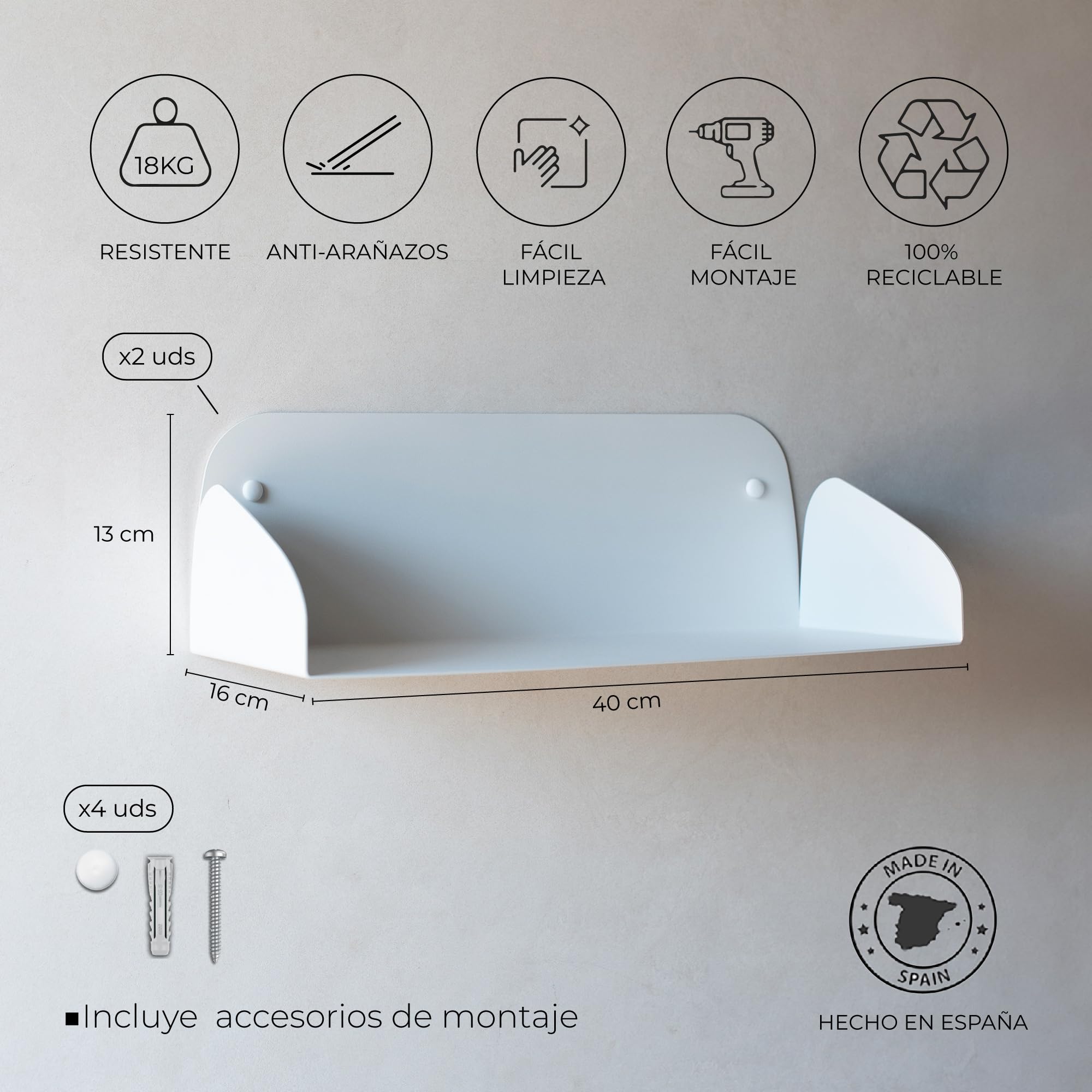 MILUKA Estantes flotantes de Pared Blancos de 40 x 16 cm - Pack de 2 | Estanteria Libreria de Metal con Anclaje Oculto | Baldas Invisibles para Libros y Decoración Hogar