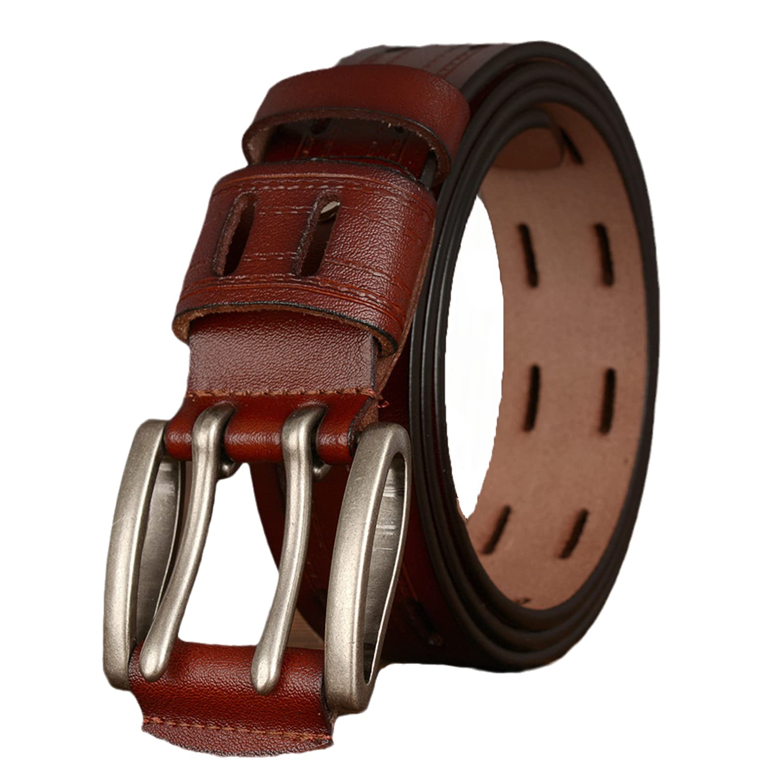 YOPADO Full Grain Leather Double Prong Belt Stitched, Two Prong Buckle, Work or Casual Heavy Duty Grommet Holes Belt for Men Women Unisex(110cm/waist:37", Brown)