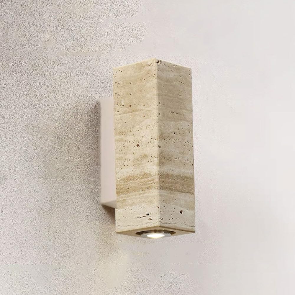 SXSCARKX Industrial Wall Light Wabi-Sabi Natural Stone Downlight For Bedside Nordic Up Down Lamp Rectangular Travertine Hardwired Living Room Hallway Cafe Minimalist Spot