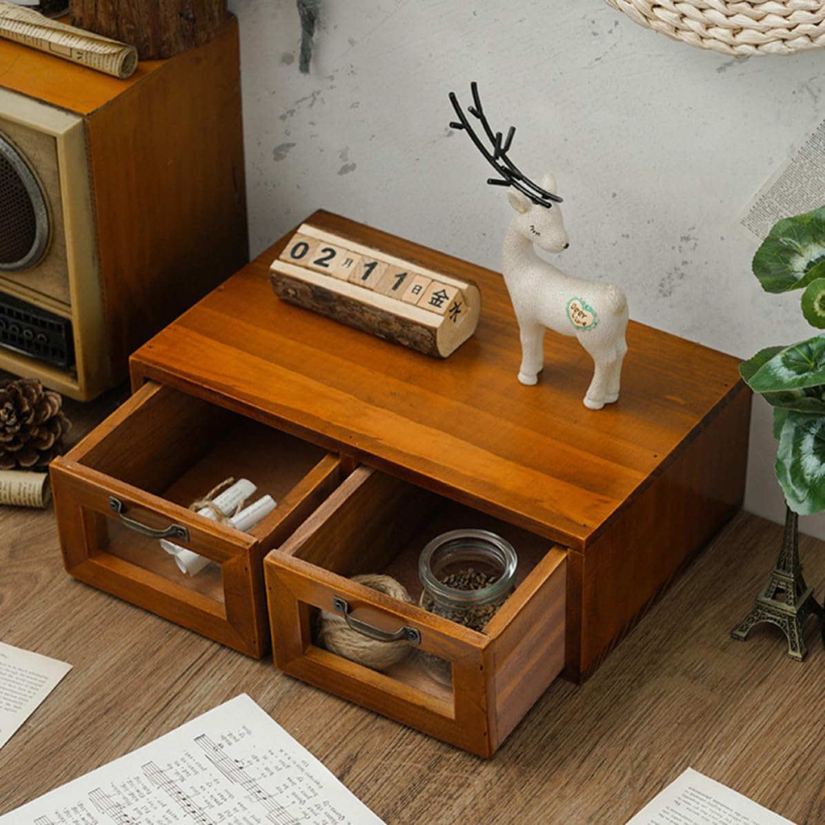 Cassettiera Scrivania Vintage in Legno e Ferro, Ripiano Monitor
