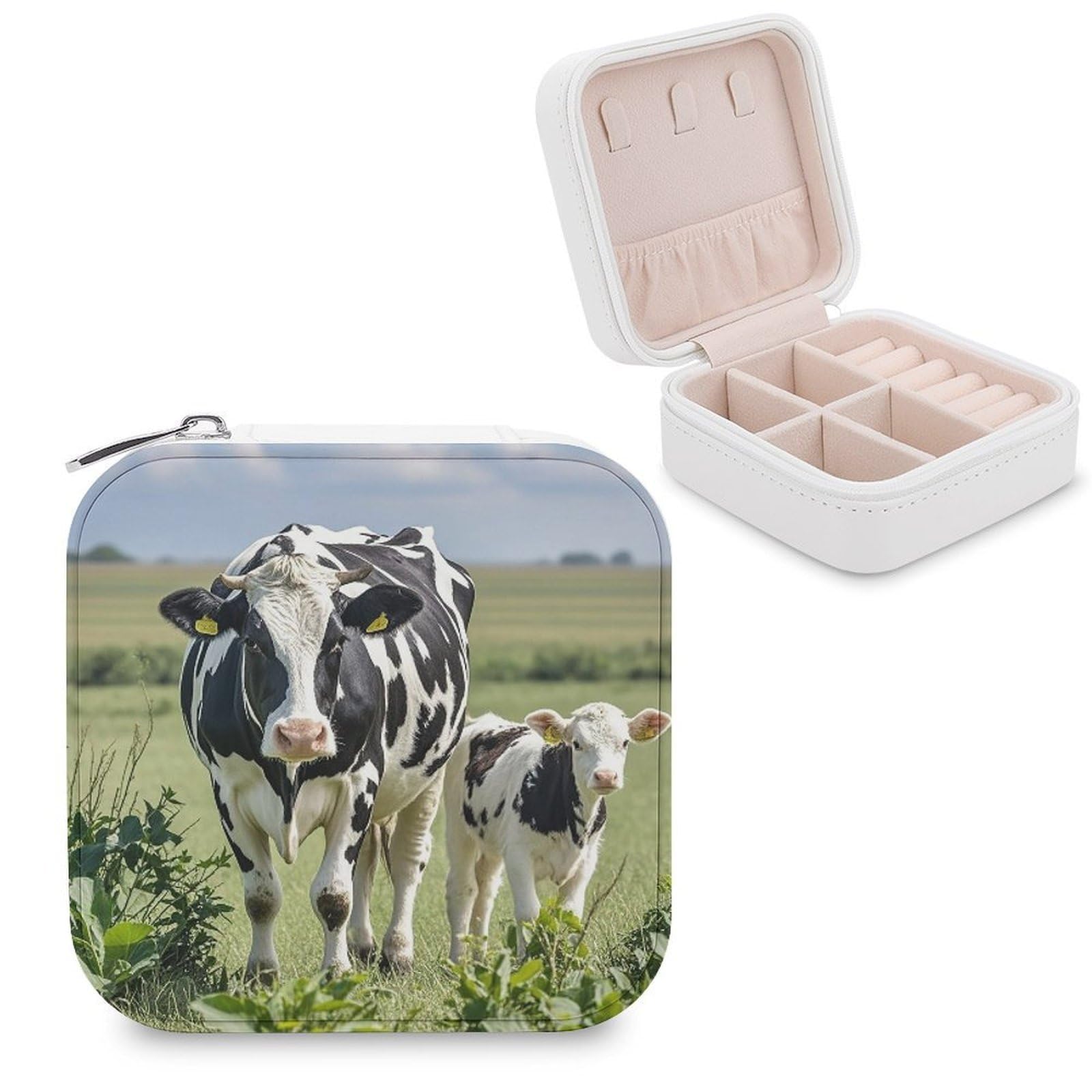 FekiLoot Cartoon Milk Cows Travel Jewelry Box Small Jewelry Organizer Storage Case Portable PU Leather Mini Jewellry Travel Case Necklace Ring Storage Organizer Gift for Women