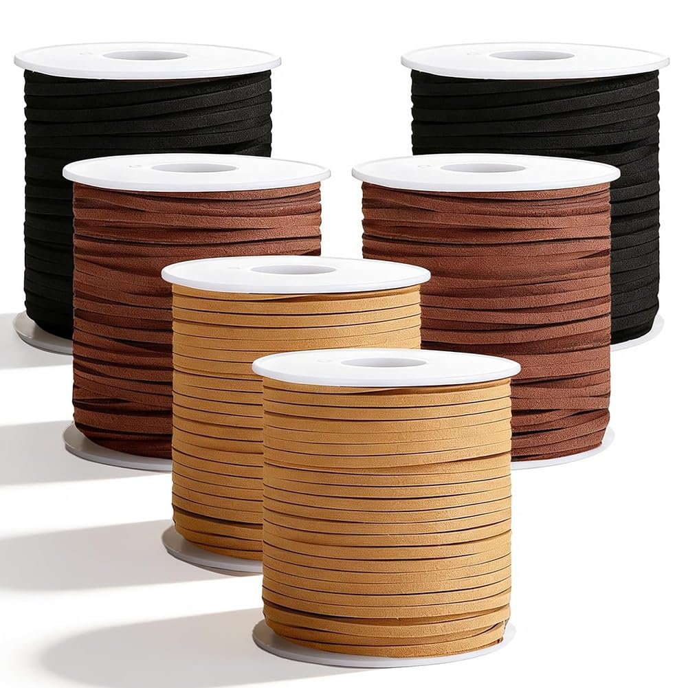 IJSDNVJNDX 6 Rolls Flat Leather Cord String, Suede Leather Shoe Laces for Boots, Leather-Strips for Jewelry Making, Bracelets