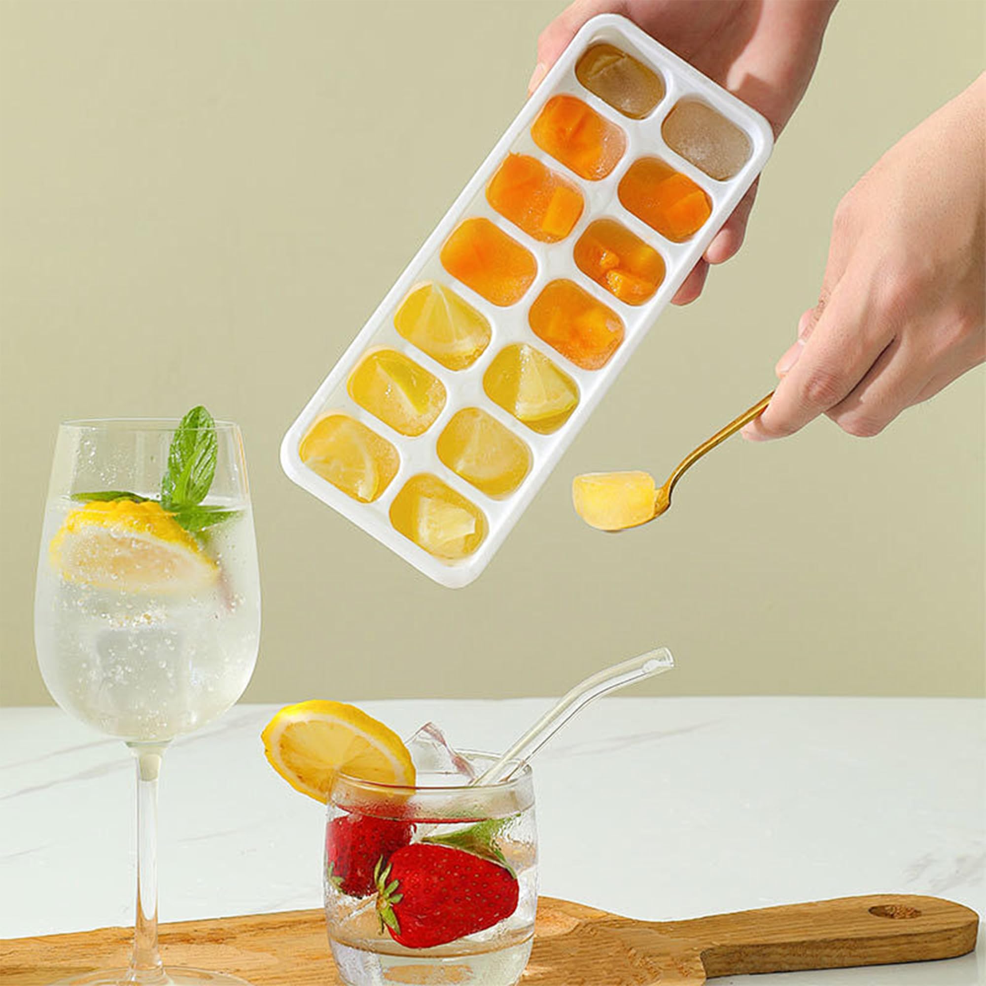 2 bandejas para cubitos de hielo con tapas, 14 moldes para cubitos de hielo, bandejas de hielo reutilizables de silicona de fácil liberación para cócteles, café, bebidas (verde, azul) 2