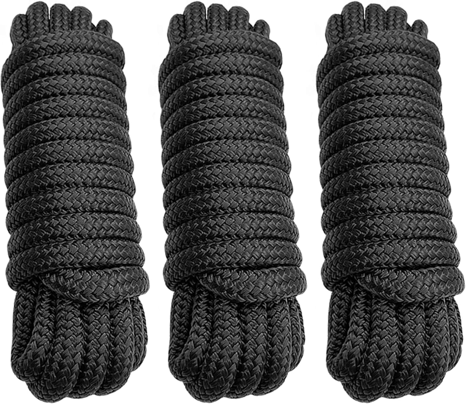 Dock Lines 3 Pack 3/8" x 25' Double Braided Nylon Boat Dock Lines with 12" Eyelet, Marine-Grade Dock Lines for Boats/Boat Lines Dock Ties - Black Marine Rope - Boat Ropes for Docking, J-FM TWNTHSD