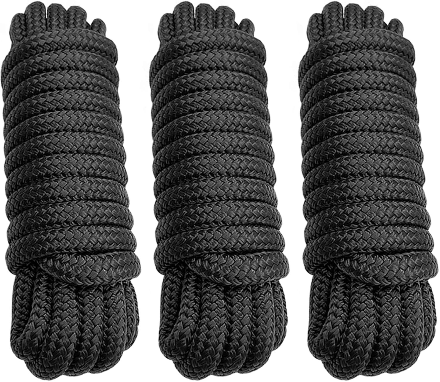 Dock Lines 3 Pack 3/8" x 25' Double Braided Nylon Boat Dock Lines with 12" Eyelet, Marine-Grade Dock Lines for Boats/Boat Lines Dock Ties - Black Marine Rope - Boat Ropes for Docking, J-FM TWNTHSD