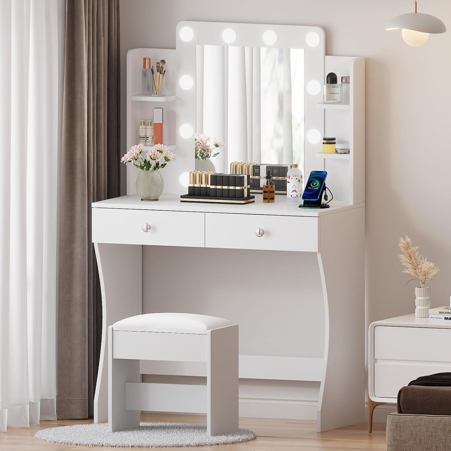 walsport Makeup Vanity Desk Set with Mirror and Lights Stool Compact Dressing Table Storage Space Drawers Shelves 3 Lighting Modes for Bedroom or Dorm Room White