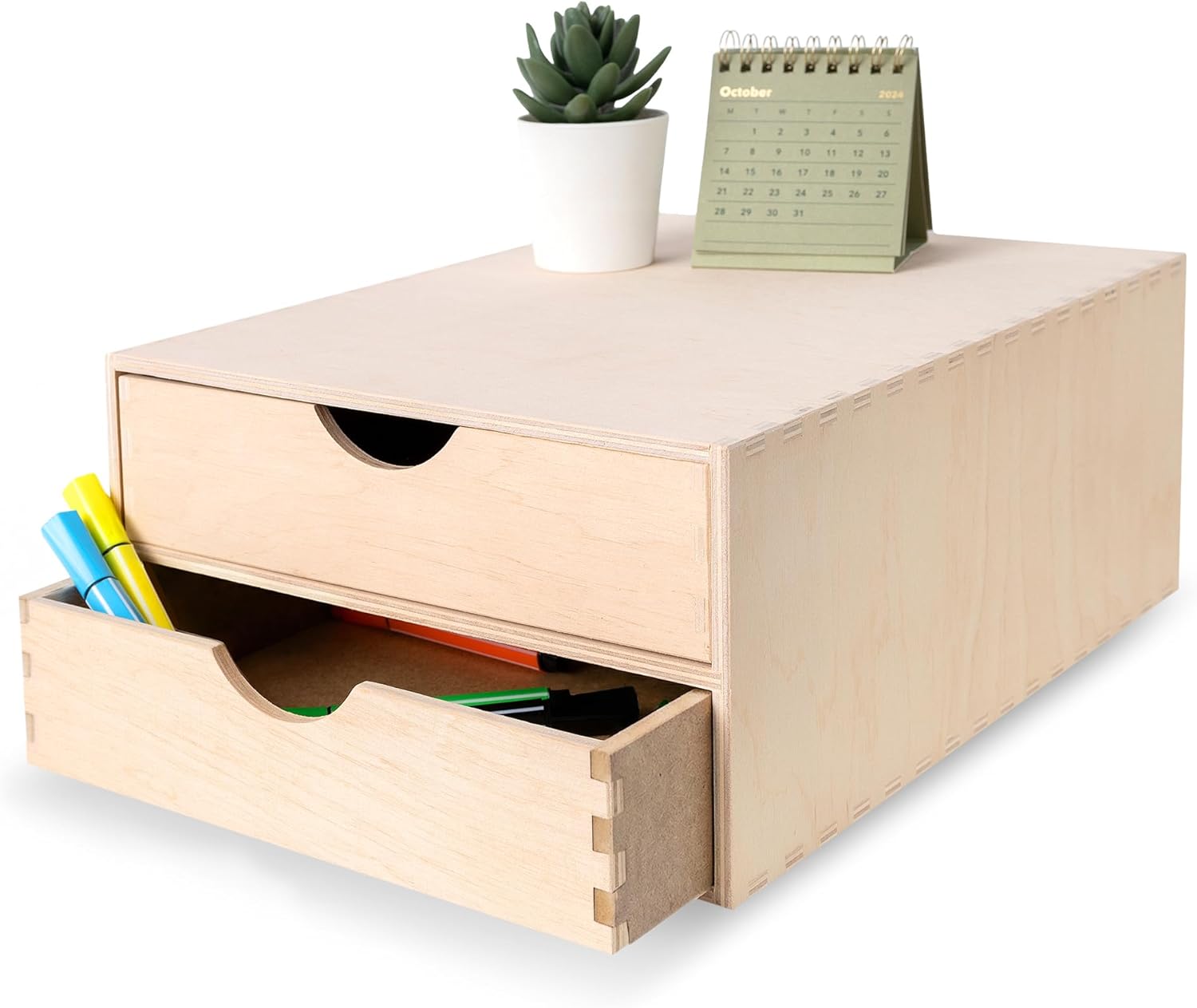 Creative Deco Large Wooden Chest of Drawers | 12.99 x 9.84 x 5.31 in | 2 Compartments | Desk Organizer for Paper-Work Files Folders | Plain Stationery Tray for Office Accessories & Storage