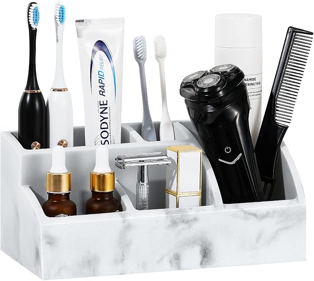 Luxspire Toothbrush Holder, 5 Slots Resin Electric Toothbrush Toothpaste Holder Razor Lotion Stand Caddy, Marble Large Capacity Bathroom Vanity Countertop Accessories Storage Organizer, Gravel White