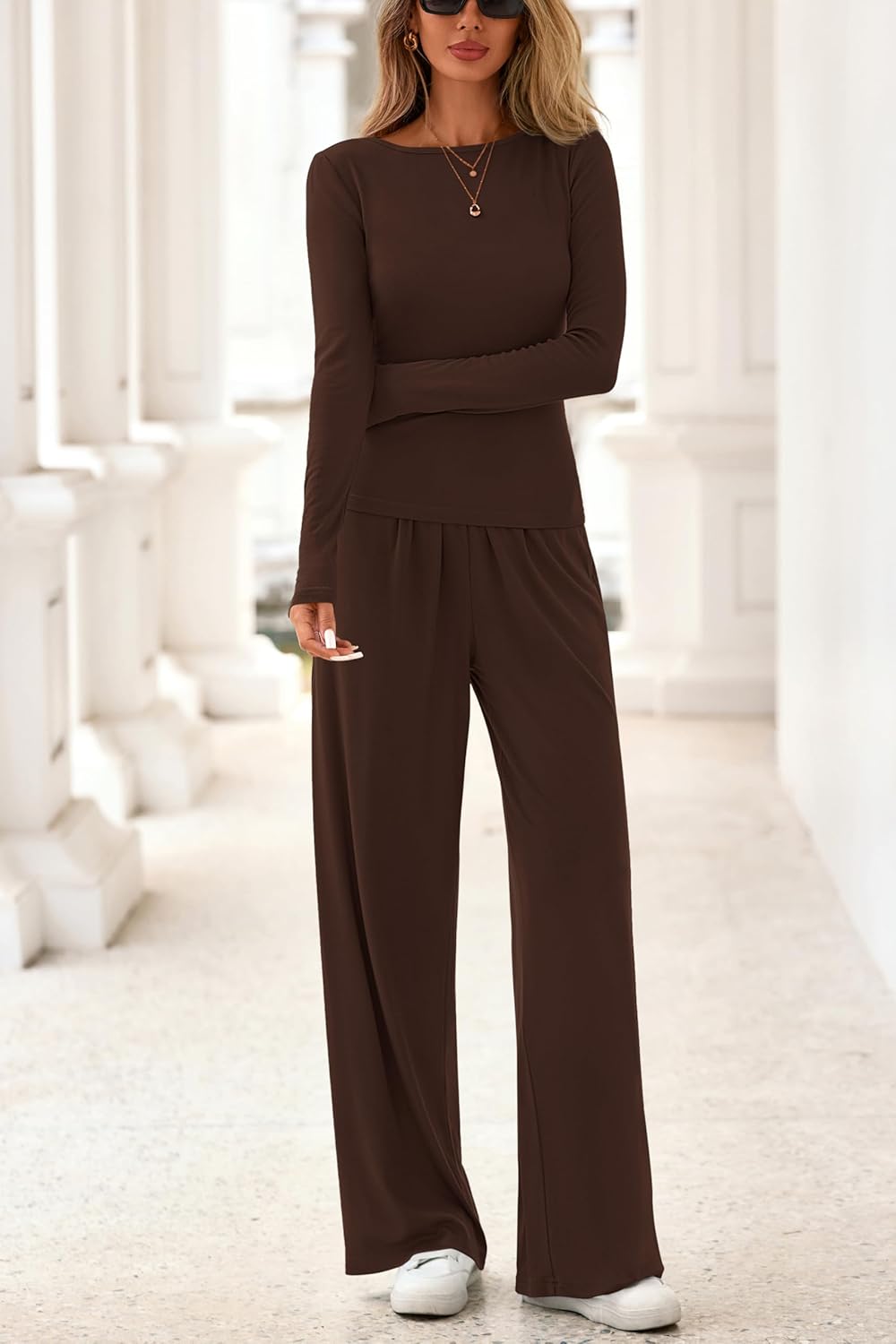 PRETTYGARDN Two Piece Lounge Sets For Women 2025 Casual Long Sleeve Shirts Wide Leg Pants Tracksuit Workout Matching Set - Image 7