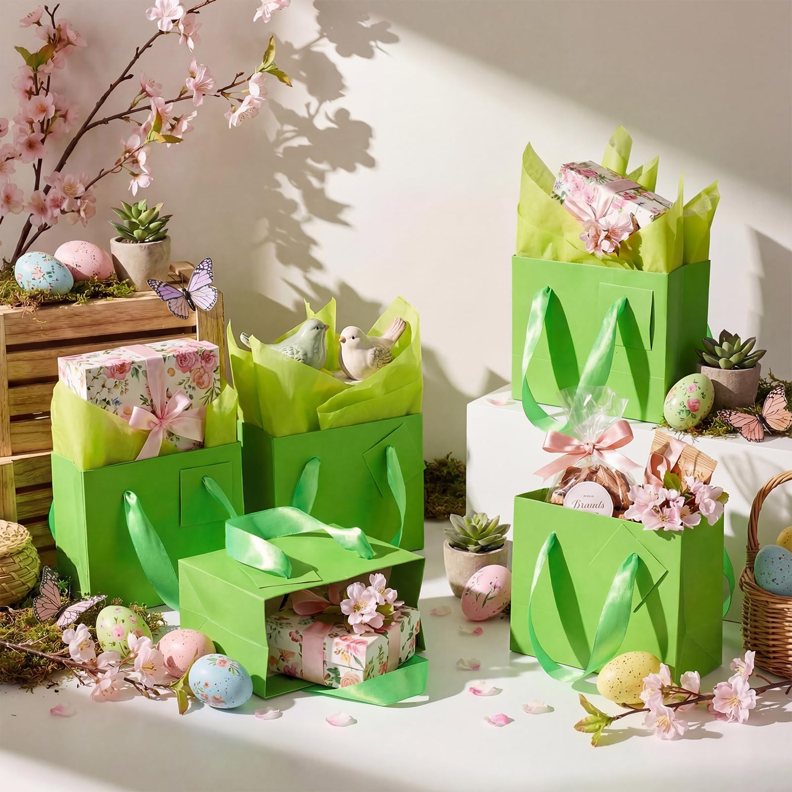 Qilery Mini-Geschenktüten aus Papier, Großpackung mit Seidenpapier, kleine Geschenktüten mit Griff und Etiketten, für Geburtstag, Hochzeit, Erntedankfest, Weihnachten, Party, Geschäft (Grasgrün, 11,9