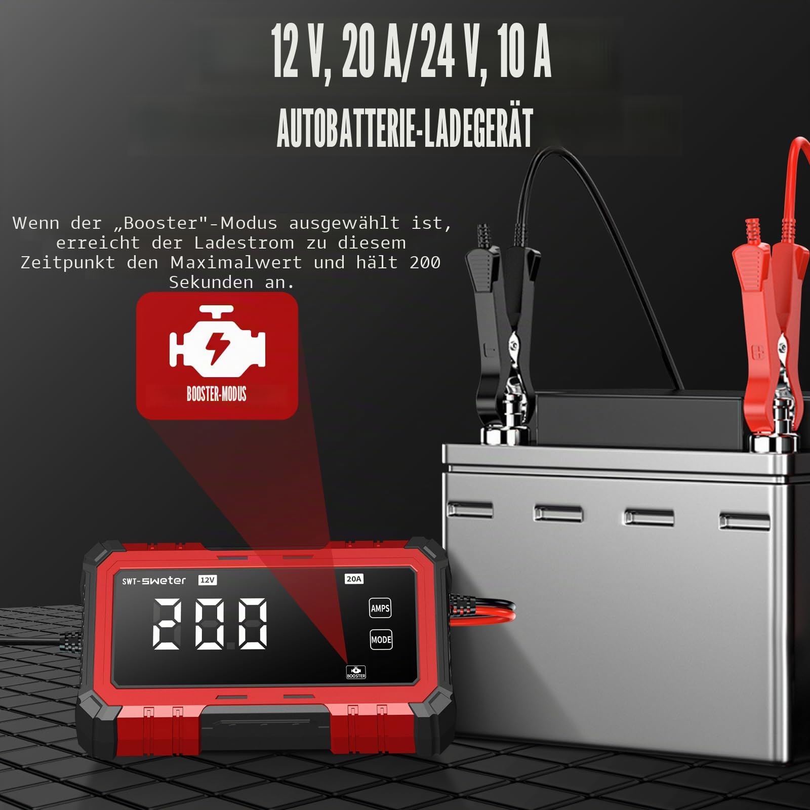20A Autobatterieladegerät, 12V/24V Lifepo4 Blei-Säure Ladegerät, Intelligentes Erhaltungsgerät für AGM, Auto, Motorrad, Boot, Wohnwagen