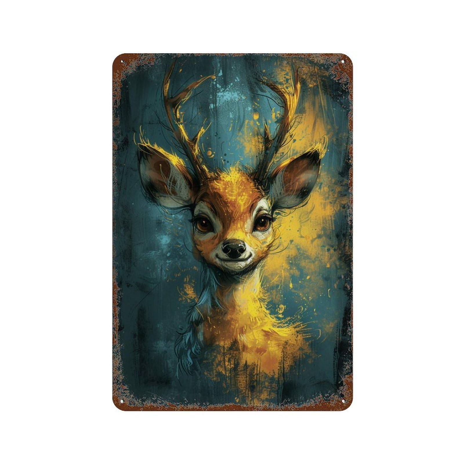 Rustic Tin Plaque with Golden Deer Art Print Design 11.8"x7.9", for Pub, Kitchen And Man Cave Decor, Old School Wall Decor