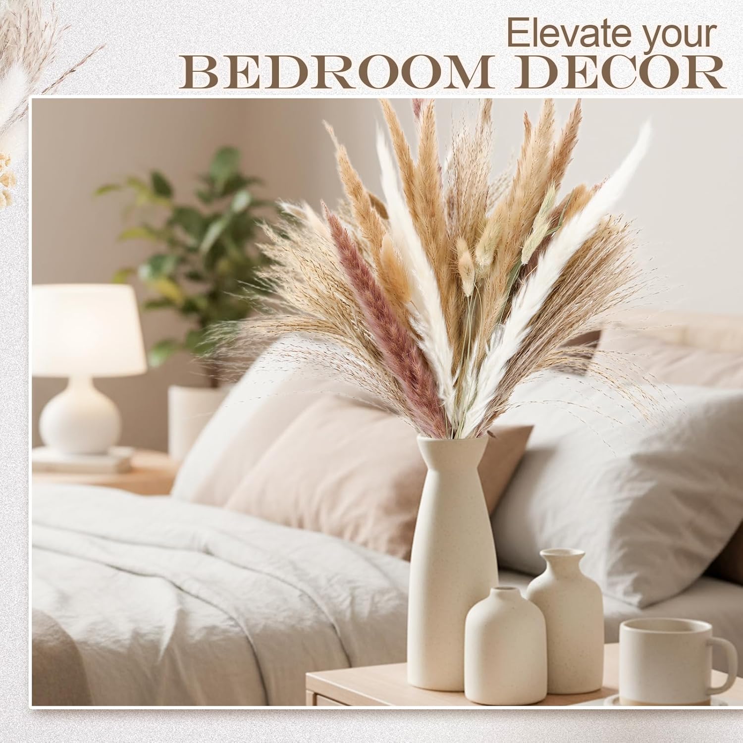 LemonRoad Ceramic Vase Set of 6 with 100 Pcs Dried Pampas Grass Flowers, Modern Boho Farmhouse Decor Beige Vase Home Table Centerpiece Decor for Wedding TV Stand Living Room Bedroom Office