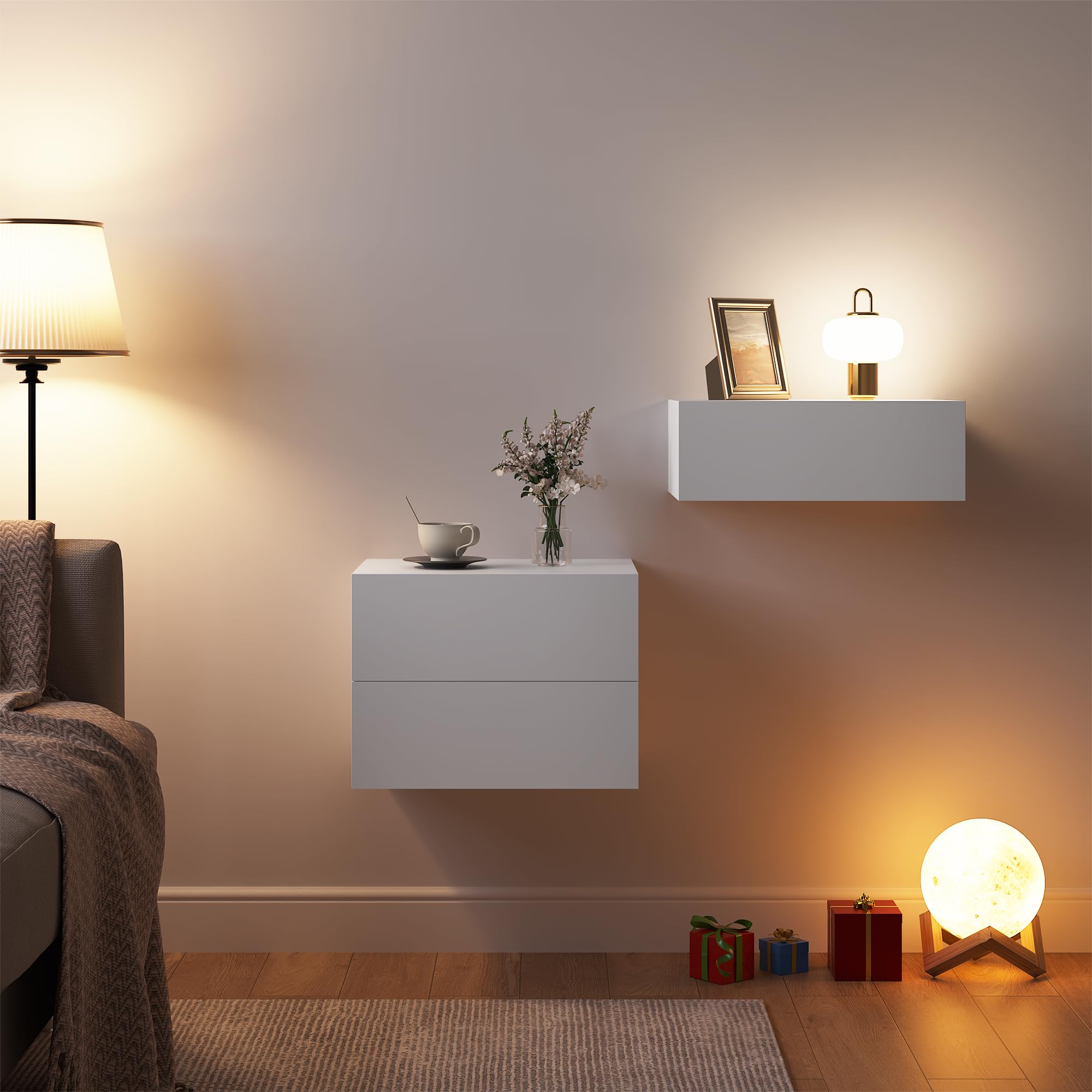 WOLTU Lot de 2 Table de Chevet Suspendue avec Tiroir, Blanc | Table de Chevet Murale, 40x30x14 cm, Moderne, en Bois