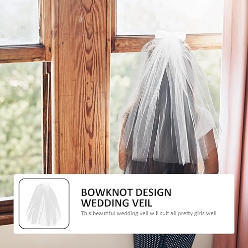 Miniatura 9 de Lurrose Diadema de flores con velo y lazo, corona de primera comunión para boda, cumpleaños, fiesta de princesa, accesorios para el cabello, 19.7 x