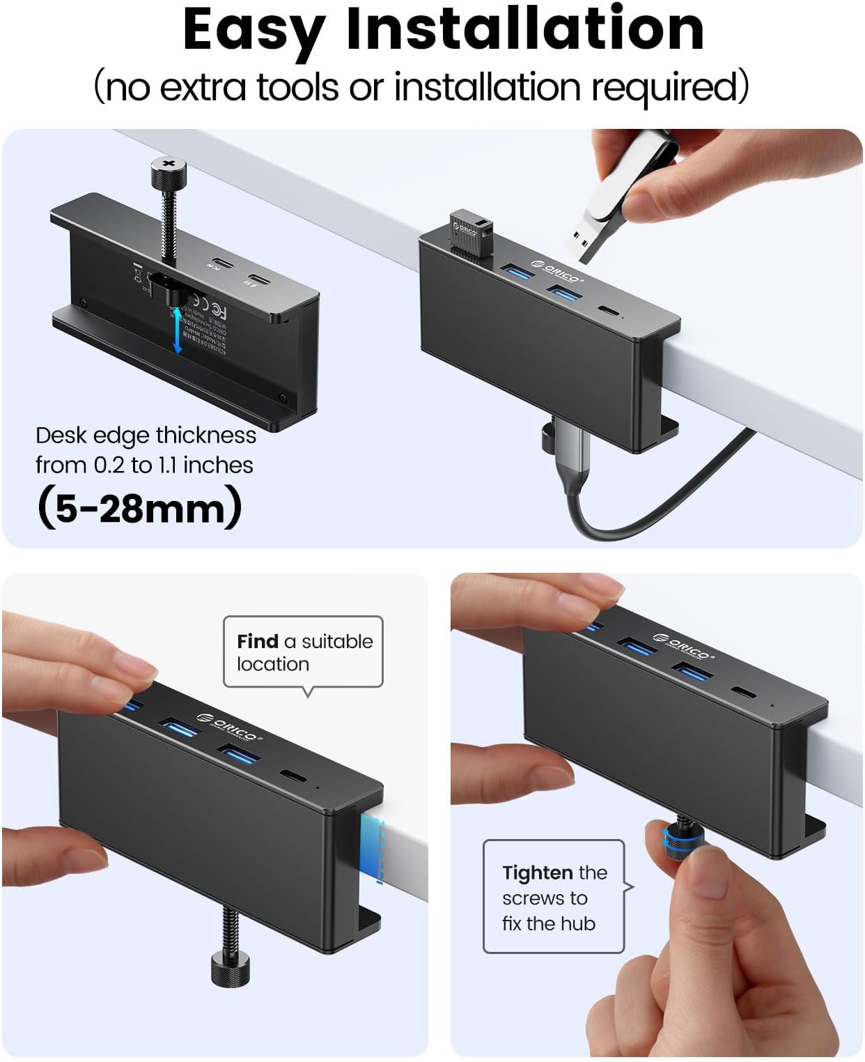 ORICO USB Hub 3.0, Clamp USB Hub with Extra Power Supply Port, Aluminum 4-Port USB Adapter with 3 USB-A Data Ports, USB-C Port for Monitors, Desks (Black)