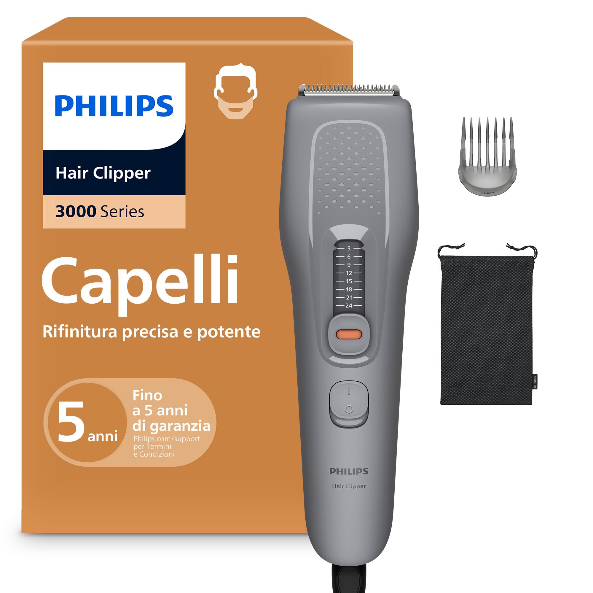 Philips Hair Clipper Serie 3000 - Regolacapelli uomo donna, lame autoaffilanti, 9 impostazioni di lunghezza, incrementi di 3 mm, pettine Trim-n-Flow, con filo, HC3723/15