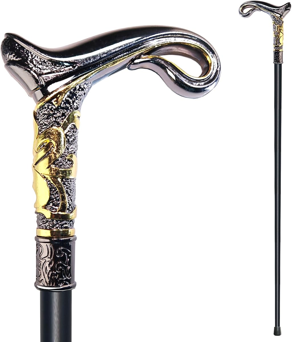 Bastón para caminar para hombres, mujeres y personas mayores: 36.5 pulgadas, resistente, capacidad de más de 500 libras, mango ergonómico, diseño decorativo y adornado, arte gótico y gótico elegante en negro mate y dorado, bastón de metal