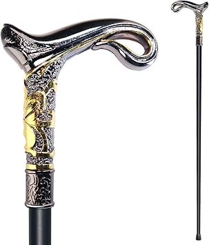 Walking Cane for Men & Women & Seniors - 36.5 Inch Heavy Duty 500+ lbs Capacity, Ergonomic Handle, Decorative & Ornate Design, Gothic & Goth Elegant Matte Black & Gold Artistry, Metal Cane
