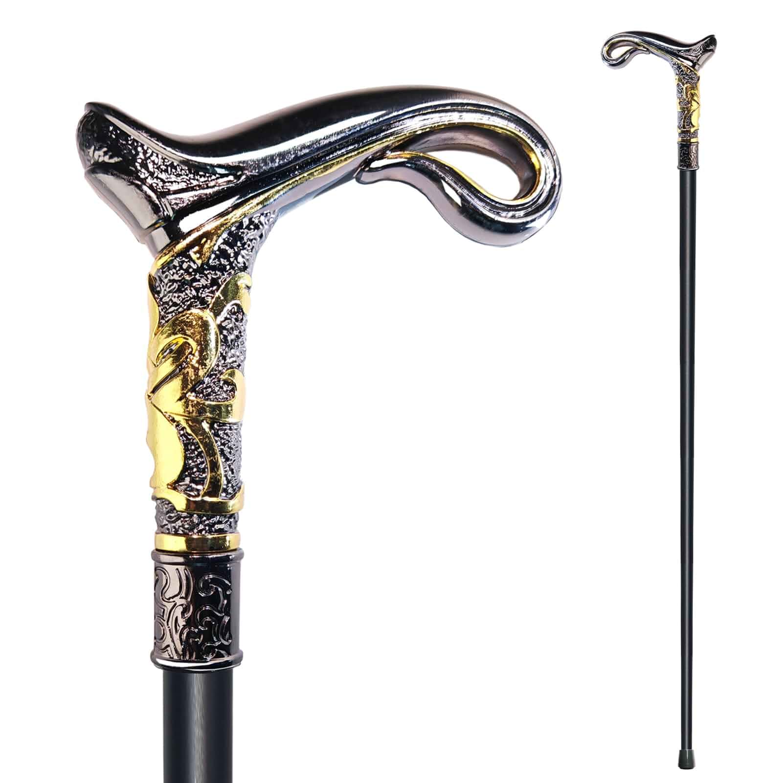 Walking Cane for Men & Women & Seniors - 36.5 Inch Heavy Duty 500+ lbs Capacity, Ergonomic Handle, Decorative & Ornate Design, Gothic & Goth Elegant Matte Black & Gold Artistry, Metal Cane