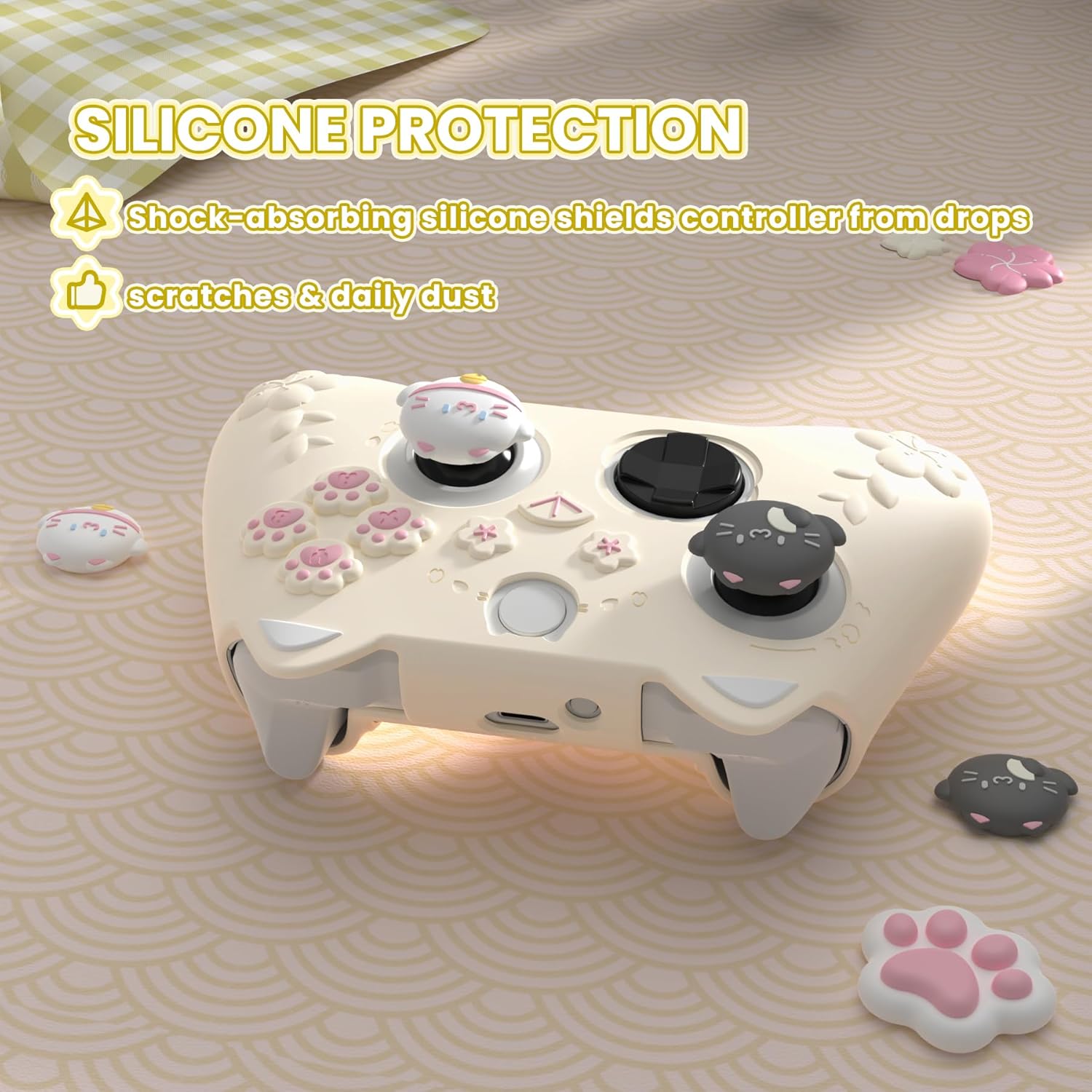 PlayVital Cute Silicone Controller Skin for Xbox Series X/S-Cherry Blossoms Kitten Anti-Slip Grip Protector W/Thumb Grips & Sticker -Soft Rubber Cover for Xbox Core Wireless Controller-Antique Yellow