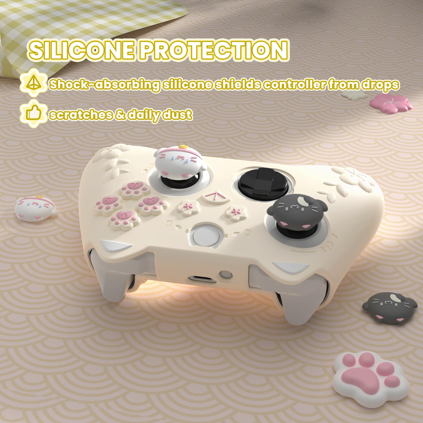 PlayVital Funda de Silicona para Xbox Series X/S Mando - Protector Antideslizante con Tapas para Joystick & Pegatina, Cubierta Suave para Xbox Core Mando - Diseño Gatito Lindo (Amarillo Antiguo)