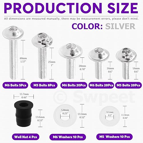 Miniatura 2 de Swpeet Kit surtido de pernos de carenado de motocicleta M5 M6, 177 unidades, 2 tamaños, tornillos para parabrisas de motocicleta, tornillos de