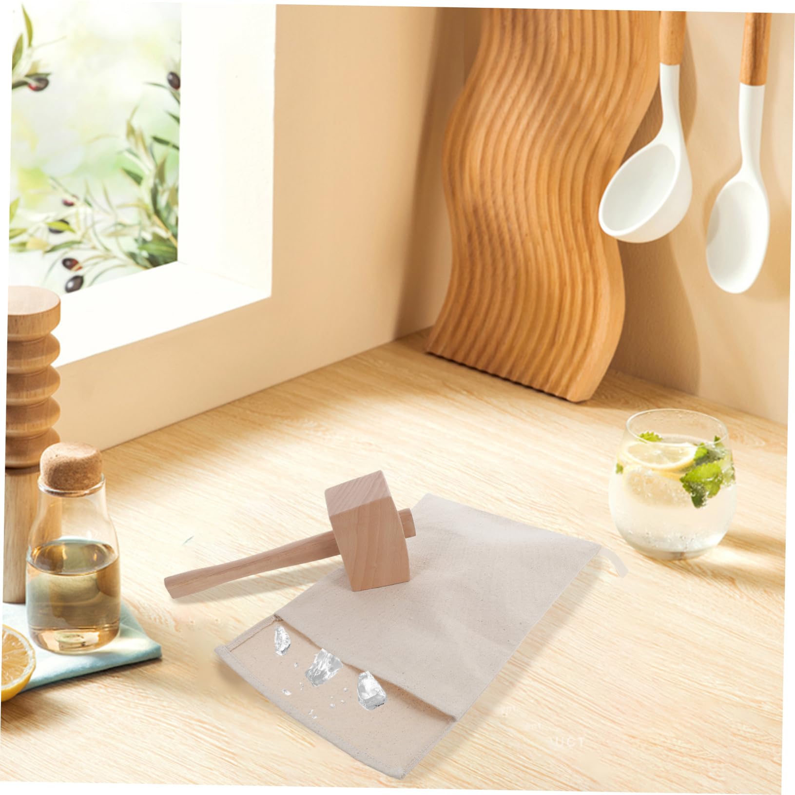 UKCOCO 2piezas Lona Reutilizables para Triturar Hielo y Mazo de Madera para Herramientas de Bar Bolsa de Hielo para Cócteles Uso Bares y Restaurantes