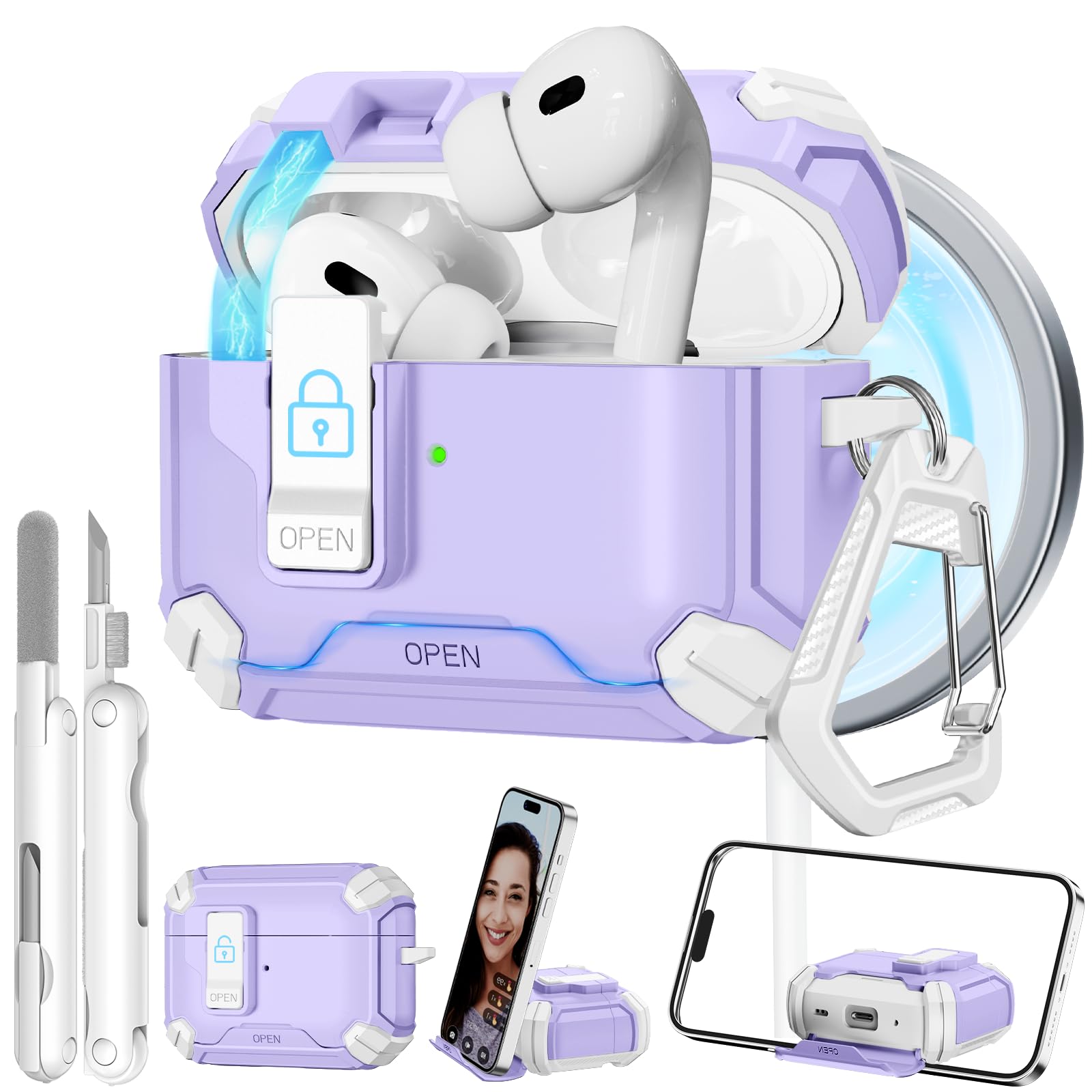 for AirPods Pro 2 Case with Secure Lock & Phone Stand, Compatible with MagSafe, Case Cover for Apple AirPods Pro 2nd/1st Generation with Cleaner and